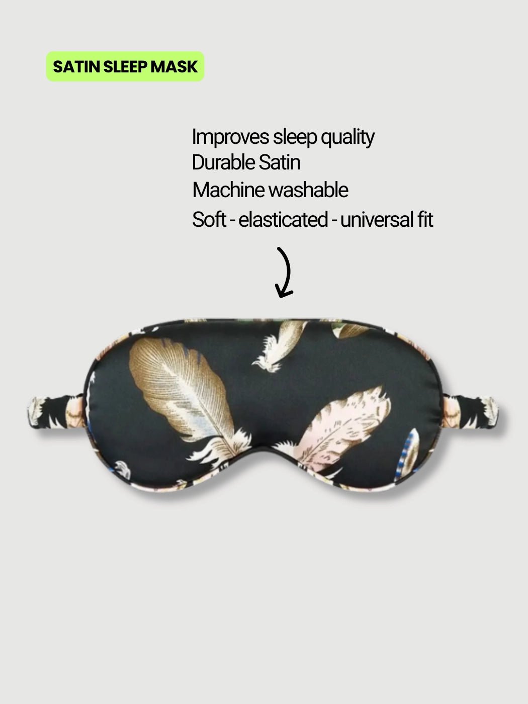 Feather print satin sleep mask with soft elastic strap for improved sleep and comfort