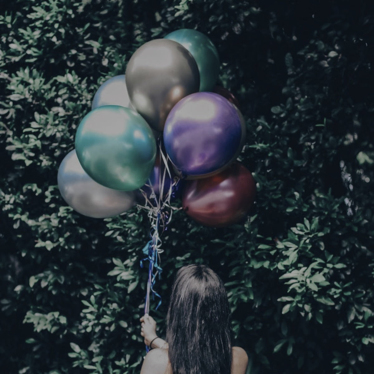 A bunch of metallic balloons held up against a green hedge for a birthday