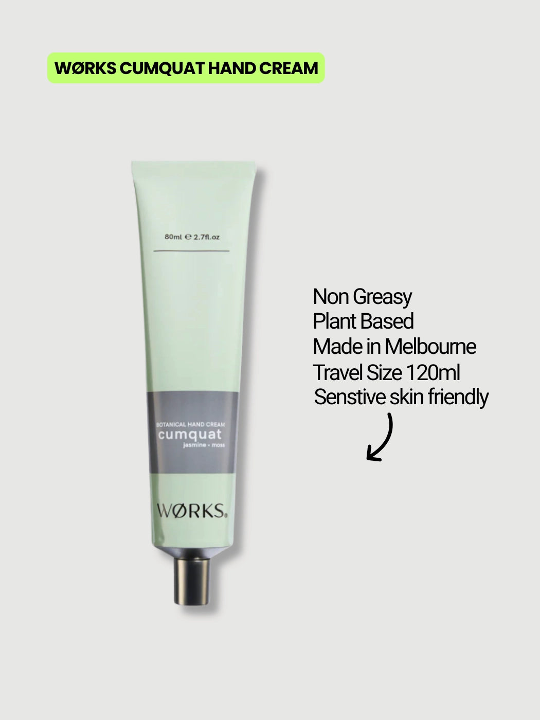 WØRKS cumquat body balm 120ml, non greasy plant based moisturiser for sensitive skin
