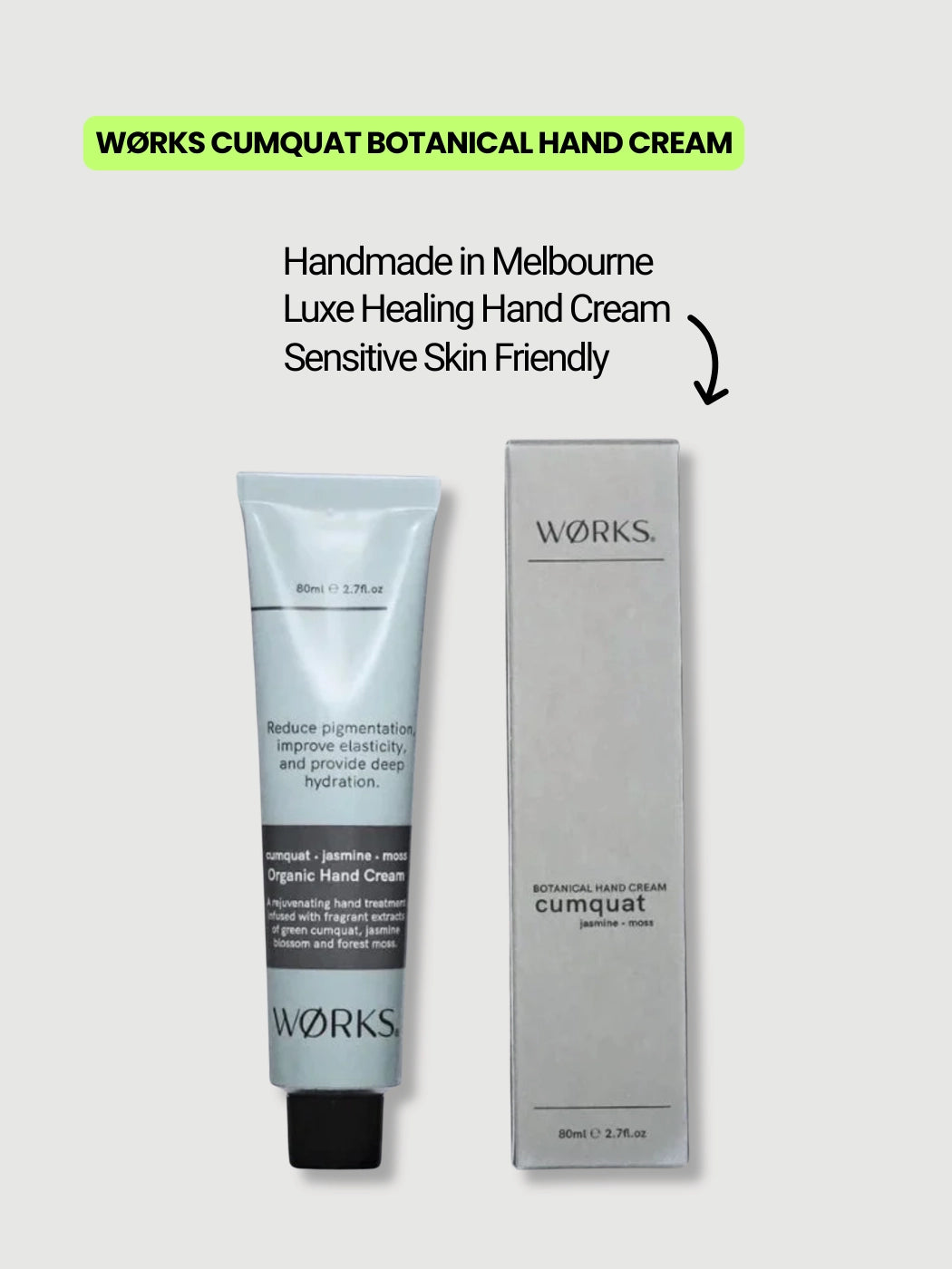 WØRKS cumquat hand cream 80ml in metal tube, botanical formula for daily hydration