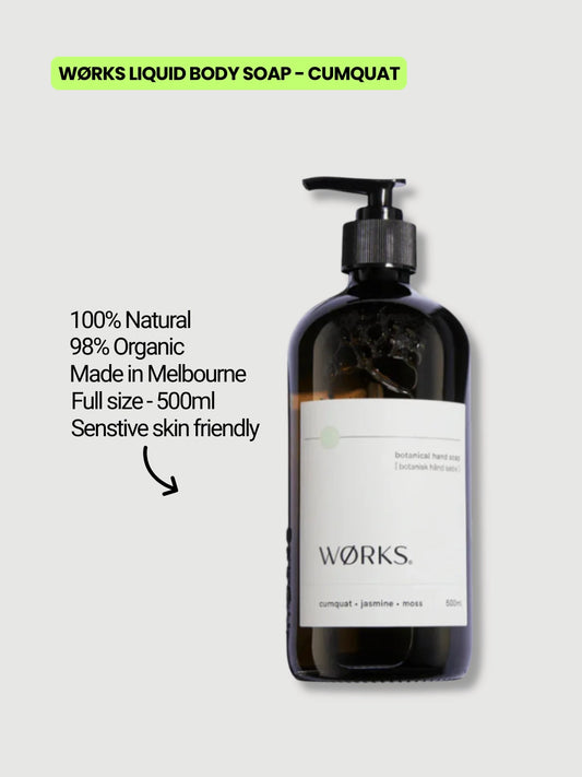 WØRKS Cumquat liquid body wash 500ml in refillable glass bottle, natural and sensitive skin friendly