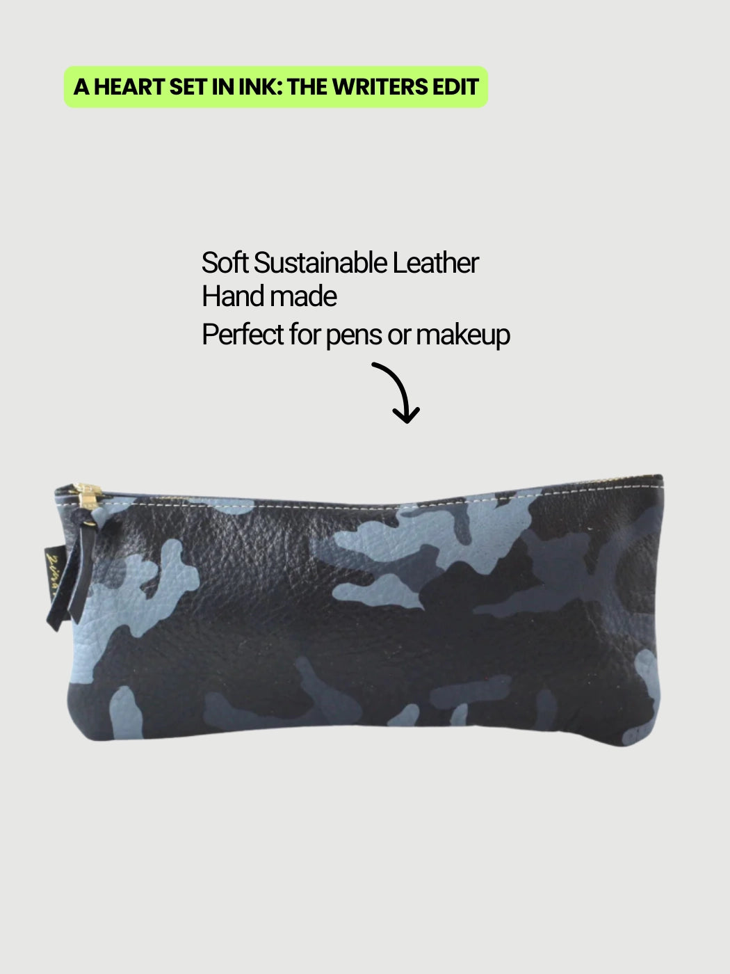Zina Kao dark camo leather pouch handmade in California, compact pencil case or essentials pouch