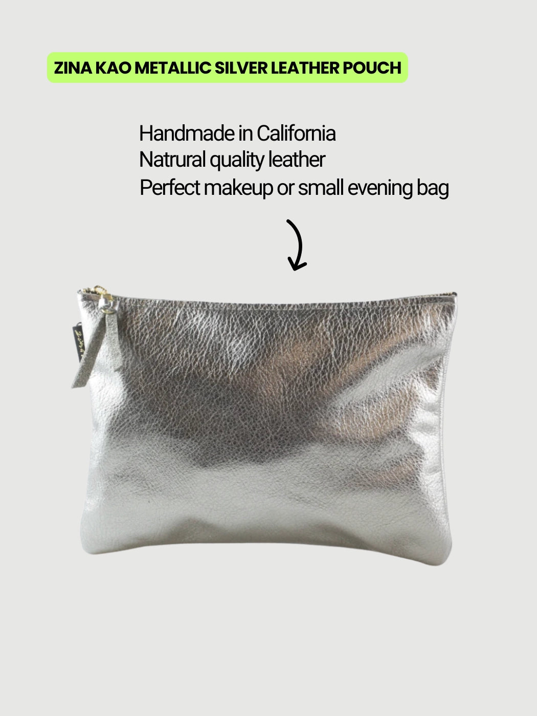 Zina Kay metallic silver leather makeup pouch compact travel organiser